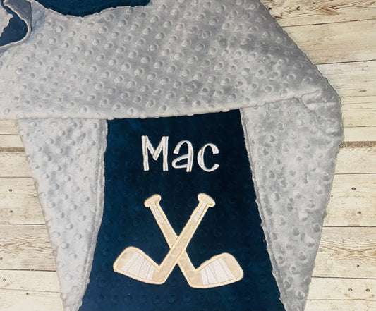 Personalized Baby Blanket -  Gray / Navy Minky - Embroidered Hockey Sticks