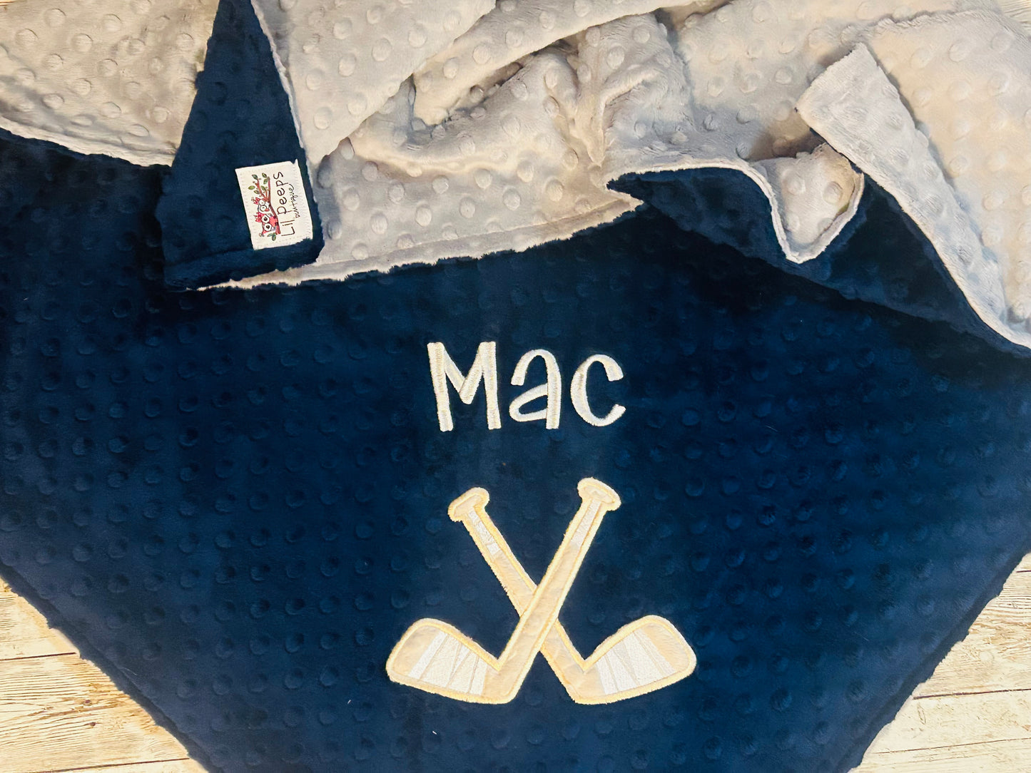 Personalized Baby Blanket -  Gray / Navy Minky - Embroidered Hockey Sticks