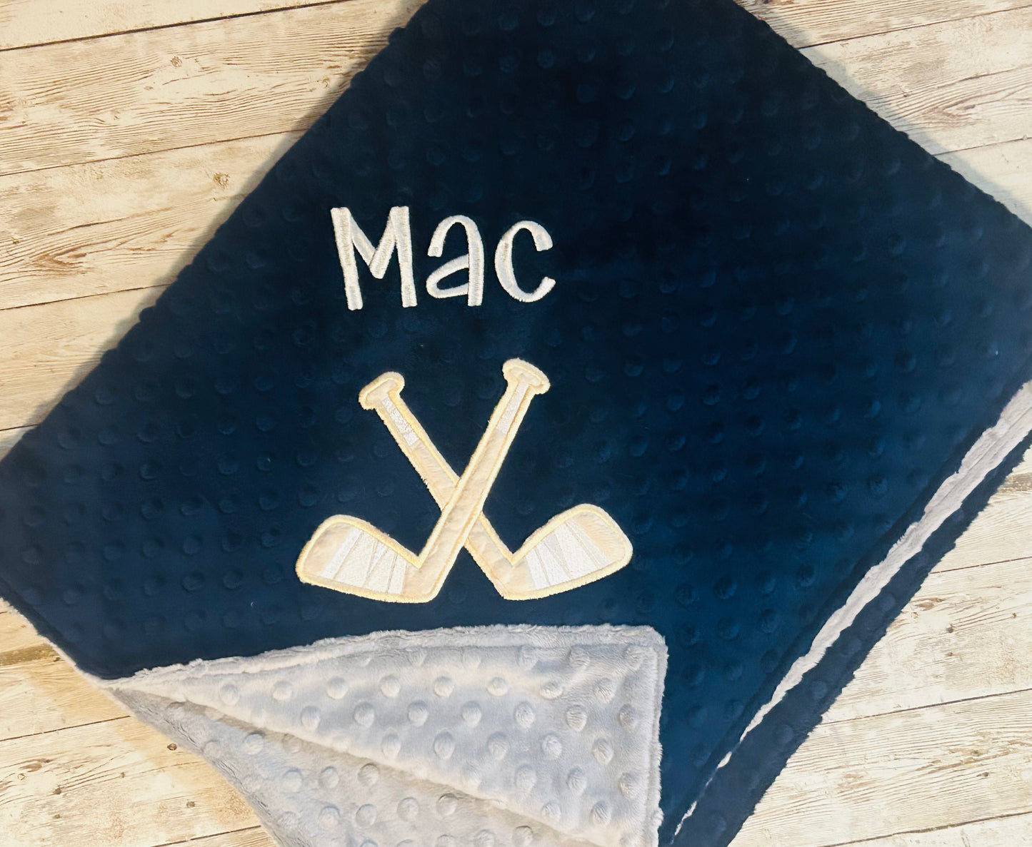 Personalized Baby Blanket -  Gray / Navy Minky - Embroidered Hockey Sticks