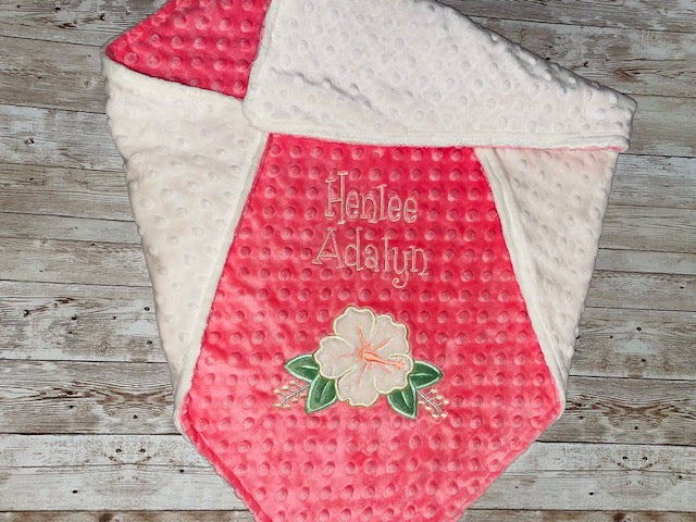 Hibiscus - Personalized Minky Blanket - Cream and Peach/ Coral Minky - Embroidered Flower