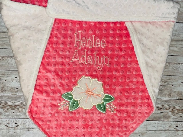 Hibiscus - Personalized Minky Blanket - Cream and Peach/ Coral Minky - Embroidered Flower