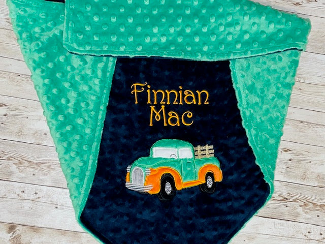 Antique Truck -Personalized Minky Baby Blanket - Green and orange Minky - Embroidered Antique Truck