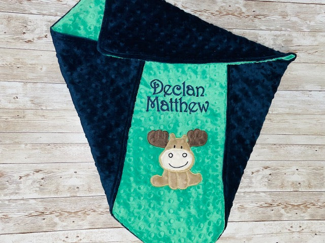 Moose- Personalized Minky Baby Blanket - Navy Blue / Green Minky - Embroidered Moose