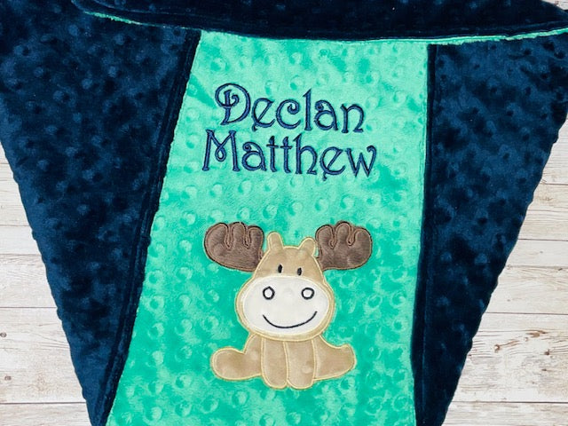 Moose- Personalized Minky Baby Blanket - Navy Blue / Green Minky - Embroidered Moose