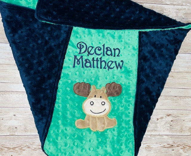 Moose- Personalized Minky Baby Blanket - Navy Blue / Green Minky - Embroidered Moose