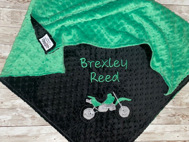 Dirt BIke- Personalized Minky Baby Blanket - Black / Green Minky - Embroidered Dirt Bike