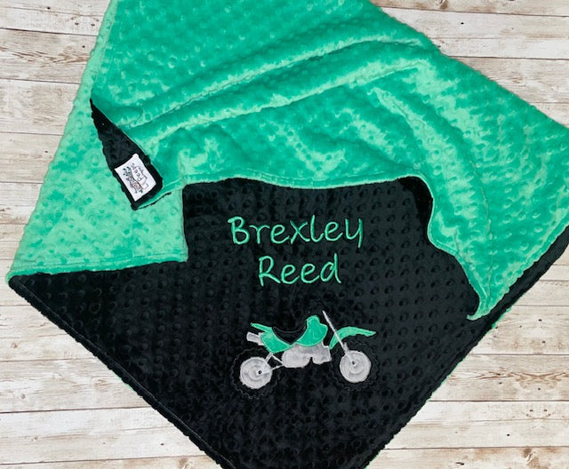 Dirt BIke- Personalized Minky Baby Blanket - Black / Green Minky - Embroidered Dirt Bike