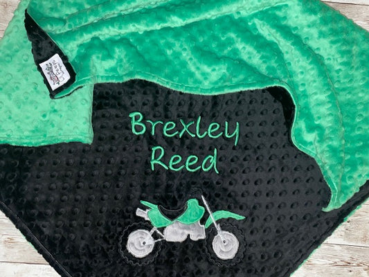 Dirt BIke- Personalized Minky Baby Blanket - Black / Green Minky - Embroidered Dirt Bike