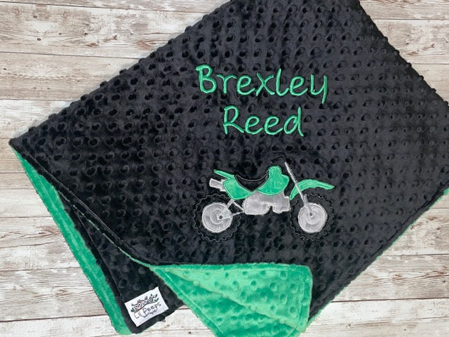 Dirt BIke- Personalized Minky Baby Blanket - Black / Green Minky - Embroidered Dirt Bike