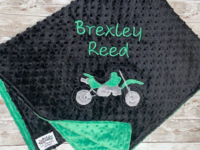 Dirt BIke- Personalized Minky Baby Blanket - Black / Green Minky - Embroidered Dirt Bike