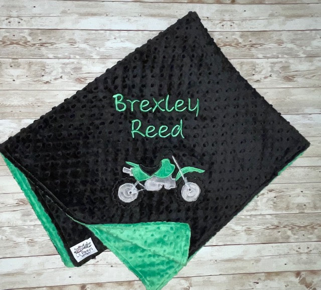 Dirt BIke- Personalized Minky Baby Blanket - Black / Green Minky - Embroidered Dirt Bike