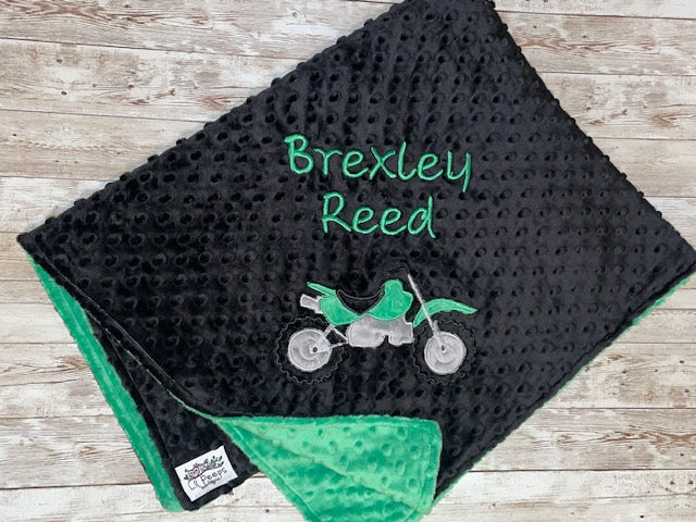 Dirt BIke- Personalized Minky Baby Blanket - Black / Green Minky - Embroidered Dirt Bike