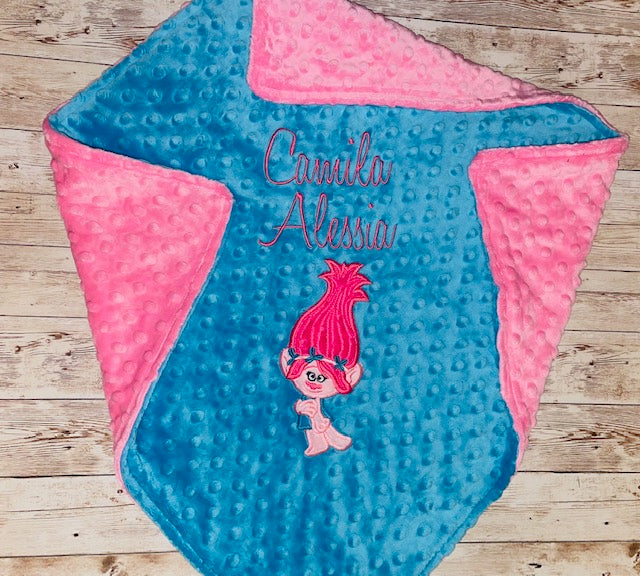 Trolls- Poppy- Personalized Minky Baby Blanket -Blue and Pink Minky