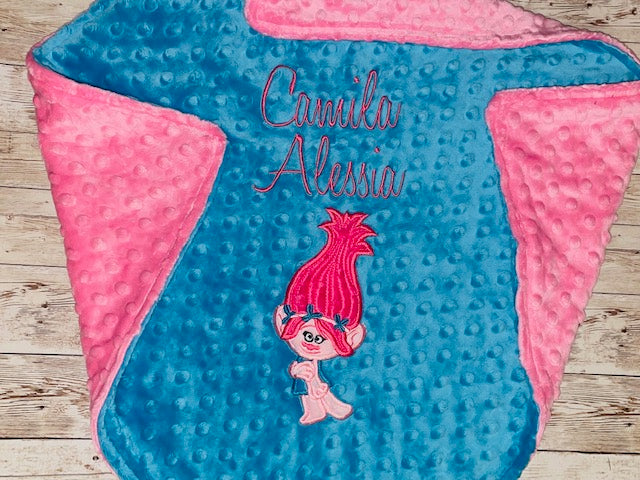 Trolls- Poppy- Personalized Minky Baby Blanket -Blue and Pink Minky