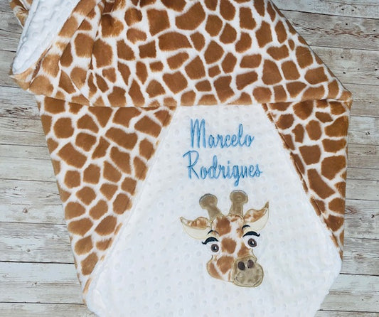 Giraffe- Personalized Minky Baby Blanket - Cream / Giraffe Minky - Embroidered Giraffe