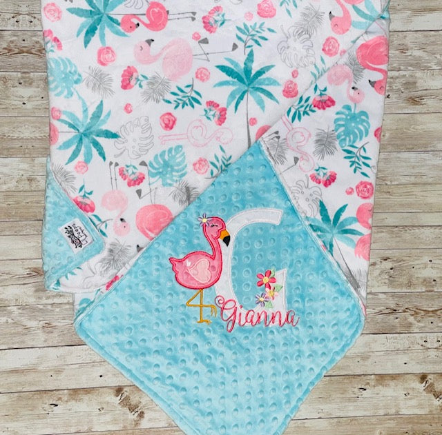 Flamingo with Letter -Personalized Minky Blanket - Aqua and Flamingo print Minky - Embroidered Flamingo