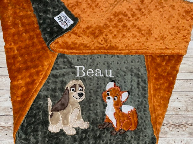 Personalized Fox and the Hound Minky Baby Blanket - Green and Rust Minky - Custom Monogram - Best Friends