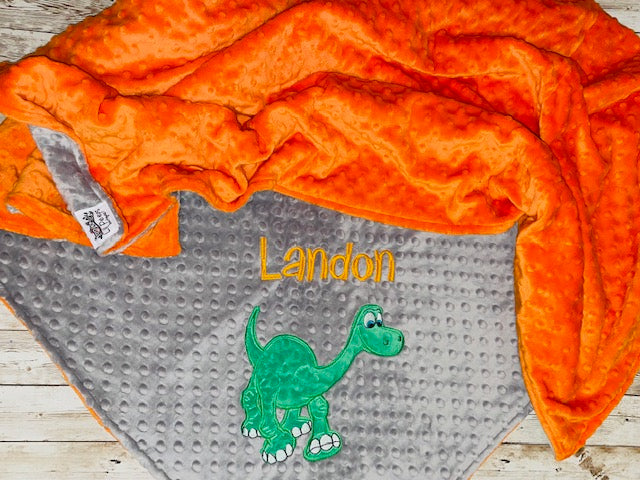 Personalized Arlo Minky Baby Blanket - Gray and Orange Minky