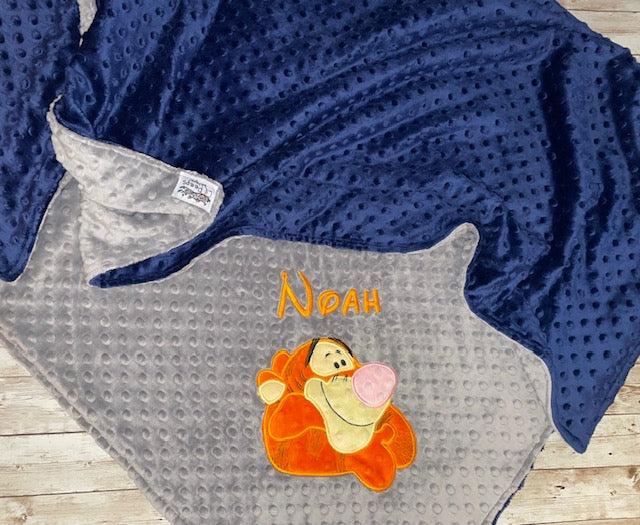 Personalized Tigger Minky Baby Blanket - Navy and Gray Minky - Custom Monogram