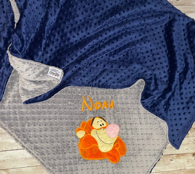 Personalized Tigger Minky Baby Blanket - Navy and Gray Minky - Custom Monogram