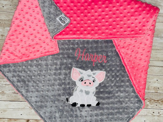 Pua from Moana- Personalized Minky Baby Blanket - Gray and pink Minky