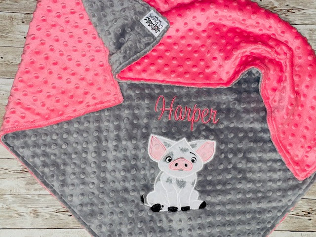 Pua from Moana- Personalized Minky Baby Blanket - Gray and pink Minky