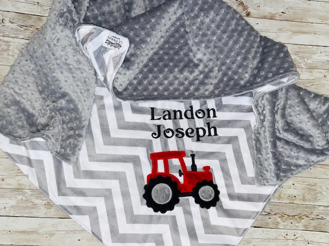 Tractor  - Minky Baby Blanket with Embroidered Tractor