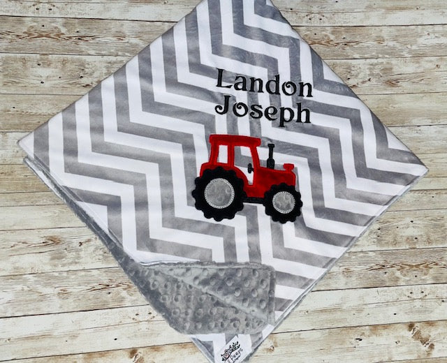 Tractor  - Minky Baby Blanket with Embroidered Tractor