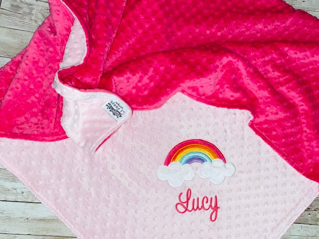 Rainbow -Personalized Minky Blanket - Baby Pink and Fuchsia Minky - Embroidered Rainbow