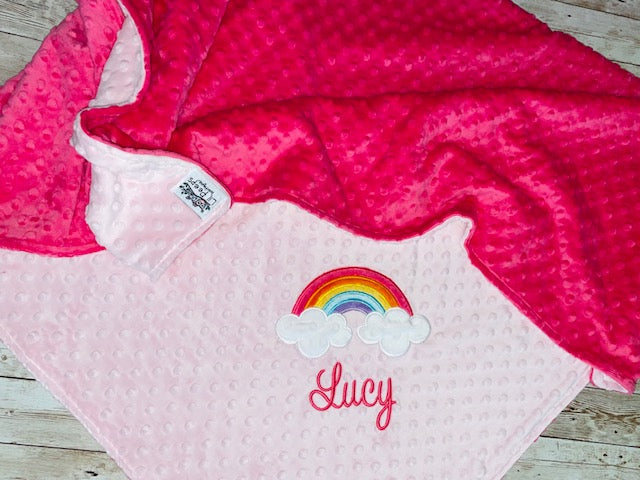 Rainbow -Personalized Minky Blanket - Baby Pink and Fuchsia Minky - Embroidered Rainbow