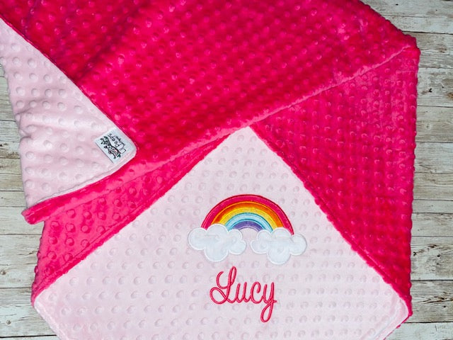 Rainbow -Personalized Minky Blanket - Baby Pink and Fuchsia Minky - Embroidered Rainbow