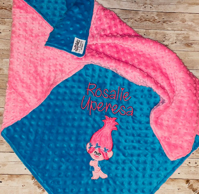 Trolls- Poppy- Personalized Minky Baby Blanket -Blue and Pink Minky