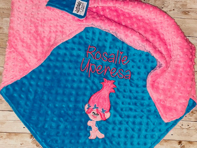 Trolls- Poppy- Personalized Minky Baby Blanket -Blue and Pink Minky