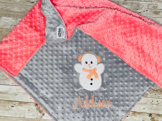 Snowman - Personalized Minky Blanket - Gray and Coral Minky - Embroidered Snowman