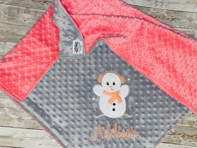 Snowman - Personalized Minky Blanket - Gray and Coral Minky - Embroidered Snowman