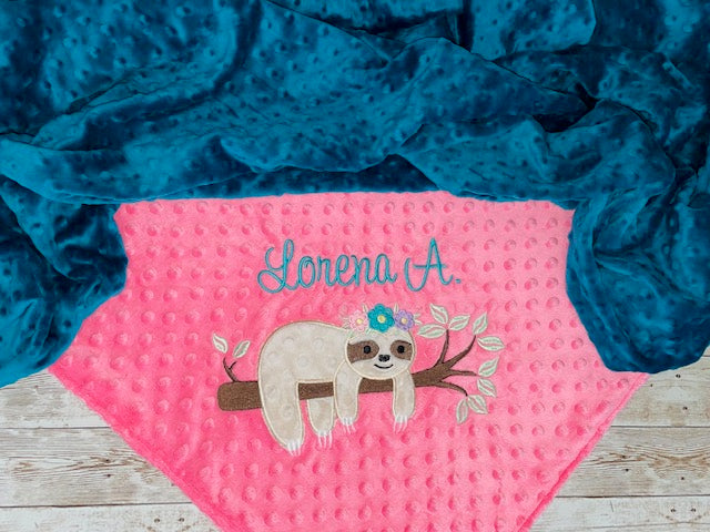 Girl Sloth - Personalized Minky Blanket - Teal and Pink Minky - Embroidered Girl Sloth