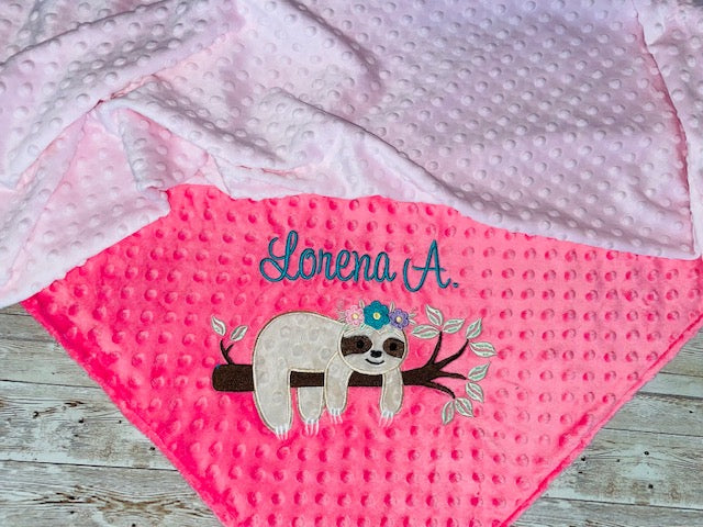 Girl Sloth - Personalized Minky Blanket - Pink Minky - Embroidered Girl Sloth