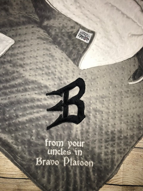 Bravo Platoon - Personalized Minky Baby Blanket - Gray / Black Minky - Embroidered Bravo Platoon