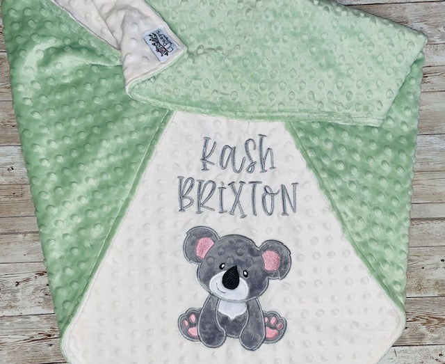 Koala - Personalized Minky Baby Blanket -Cream and Sage Minky