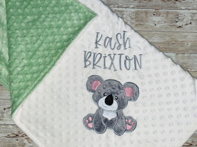 Koala - Personalized Minky Baby Blanket -Cream and Sage Minky