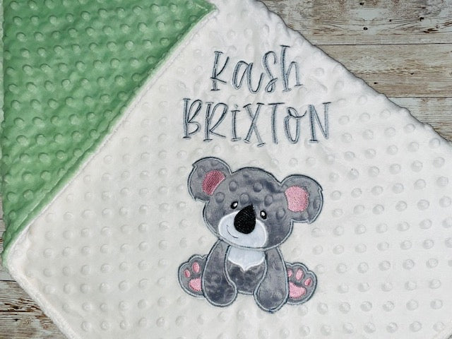 Koala - Personalized Minky Baby Blanket -Cream and Sage Minky