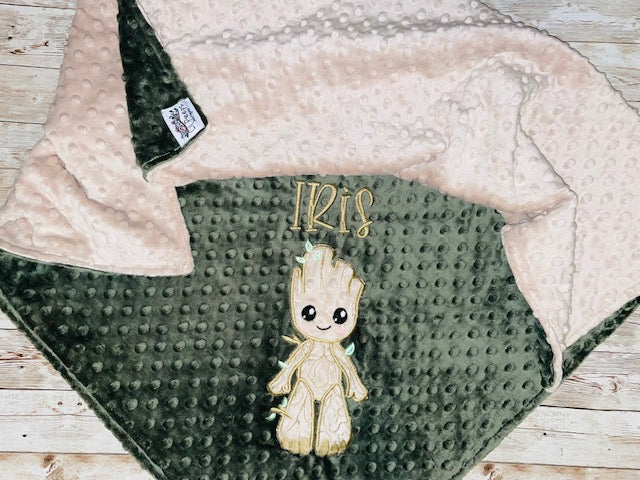 Personalized Groot Minky Baby Blanket - Tan and Green Minky - Custom Monogram