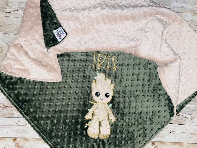 Personalized Groot Minky Baby Blanket - Tan and Green Minky - Custom Monogram