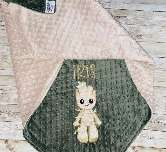 Personalized Groot Minky Baby Blanket - Tan and Green Minky - Custom Monogram