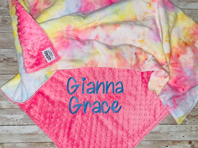 Personalized Blanket - Pink and Tie dye Minky Baby Blanket