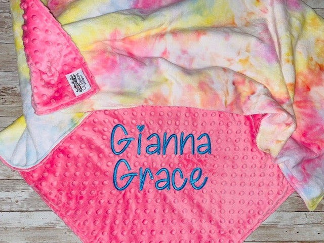 Personalized Blanket - Pink and Tie dye Minky Baby Blanket