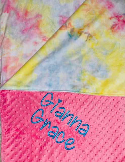 Personalized Blanket - Pink and Tie dye Minky Baby Blanket