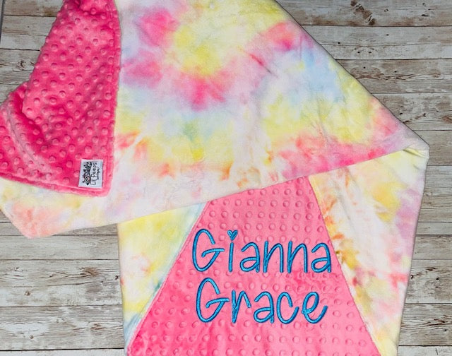 Personalized Blanket - Pink and Tie dye Minky Baby Blanket