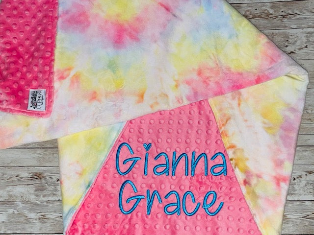 Personalized Blanket - Pink and Tie dye Minky Baby Blanket