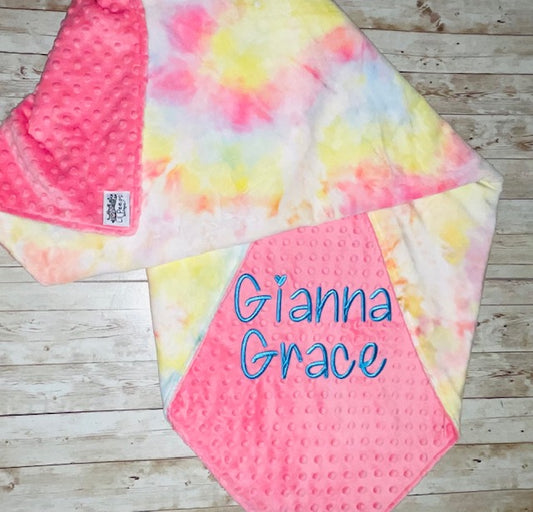 Personalized Blanket - Pink and Tie dye Minky Baby Blanket